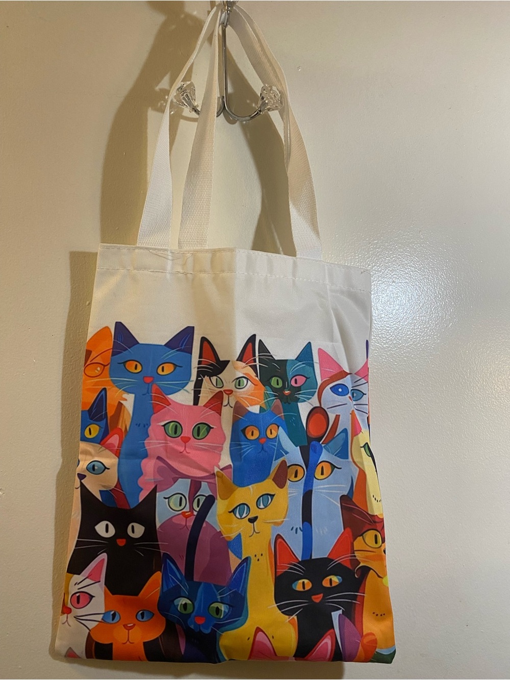 Whimsical Multi-Color Cat Print Tote Bag - Cream